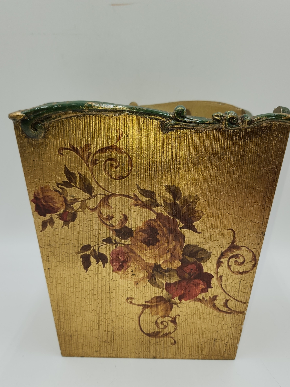 Vintage GOLD LEAF Gilt  WASTEBASKET Trash Can W/ROSES